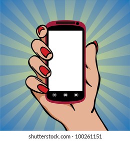 Cell phone (smartphone with touchscreen) in female hand vector drawing