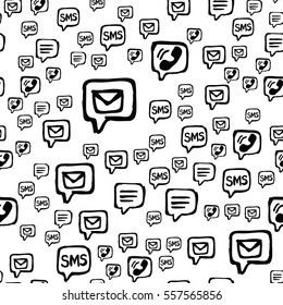 Cell phone, SMS and email communications seamless pattern. Hand drawn interaction icons randomly placed on white background. Wrapping or web repeating texture. Vector eps8 illustration.