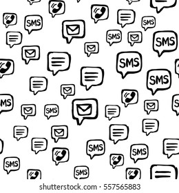 Cell phone, SMS and email communications seamless pattern. Hand drawn interaction icons randomly placed on white background. Wrapping or web repeating texture. Vector eps8 illustration.