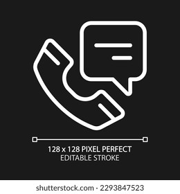 Cell phone with speech bubble pixel perfect white linear icon for dark theme. Handset with chat balloon. Communication. Thin line illustration. Isolated symbol for night mode. Editable stroke