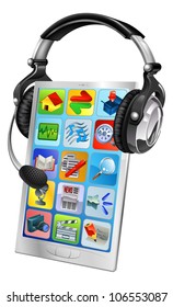Cell phone support service concept. Cell phone wearing a headset