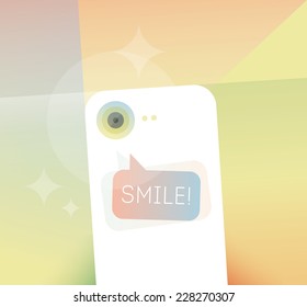 Cell phone taking a photo with mobile camera and saying Smile! Abstract unusual designed vector illustration with mobile photography concept.