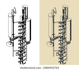 Cell phone telecommunication tower with repeaters close-up