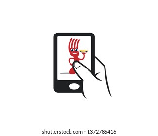 cell phone touch apps icon for fork character smiling and holding a plate with food beverages company