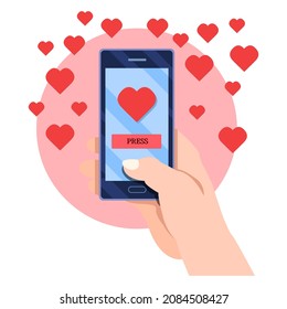 Teléfono celular con mano y corazones tocantes