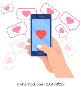 Cell phone with touching hand and hearts