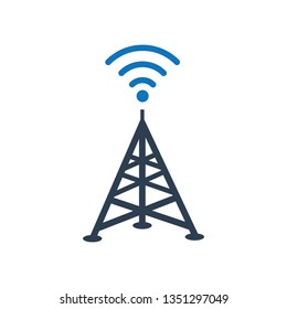 Cell Phone Tower Icon. Radio tower / mast with radio waves for broadcast transmission line art vector icon for apps and websites