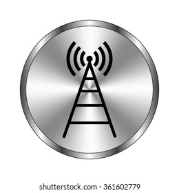 Cell Phone Tower - vector icon;  metal button