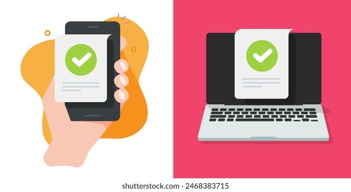 Ilustración gráfica del Vector de la marca de verificación actualizada válida del teléfono celular y del ordenador portátil votar marca de verificación marcar como aceptar la insignia de la encuesta, el Completar compra o el pago idea completa Imagen arte del Clip
