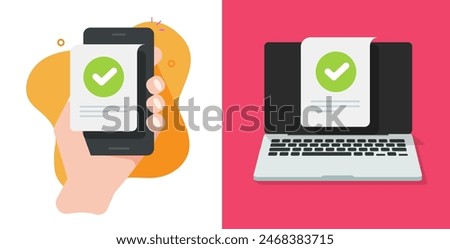Cell phone valid updated check mark icon vector graphic illustration, cellphone and computer laptop vote checkmark tick as accept poll badge, checkout or payment complete idea image clip art
