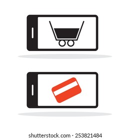 Cell Phone Vector Icon with Shopping Cart and Credit Card