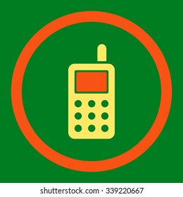 Cell Phone vector icon. Style is bicolor flat rounded symbol, orange and yellow colors, rounded angles, green background.