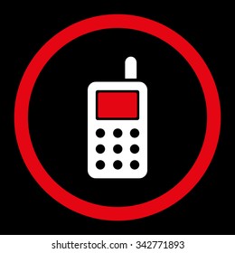 Cell Phone vector icon. Style is bicolor flat rounded symbol, red and white colors, rounded angles, black background.