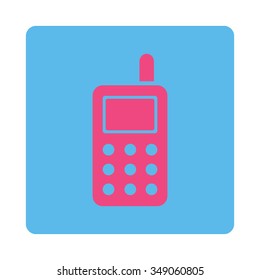Cell Phone vector icon. Style is flat rounded square button, pink and blue colors, white background.