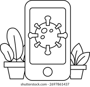 A cell phone with a virus on it is surrounded by plants. The plants are in pots and are placed on a table