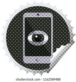 cell phone watching you graphic vector illustration round sticker stamp