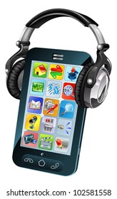 A cell phone wearing large dj headphones