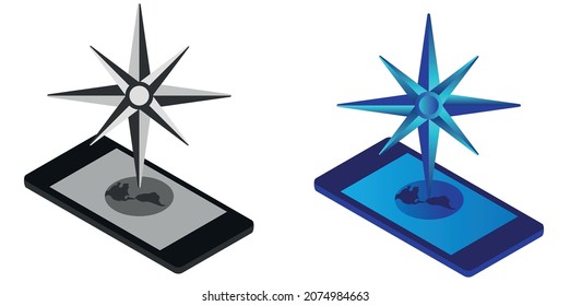 Handy mit Wind Rose Kompass in 3D Vektorgrafik. Modernes Navigationssystem