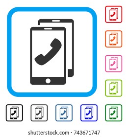 Cell Phones icon. Flat grey iconic symbol inside a blue rounded squared frame. Black, gray, green, blue, red, orange color variants of Cell Phones vector. Designed for web and application UI.