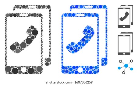 Cell phones mosaic of round dots in various sizes and color tinges, based on cell phones icon. Vector round dots are organized into blue composition.