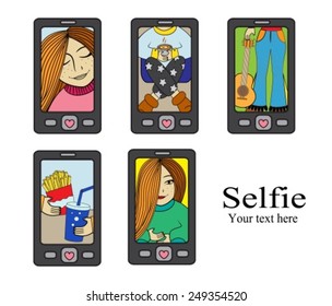 cell phones and photos on them. Girl photographs herself.