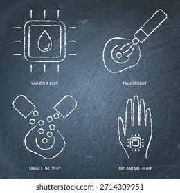 Pesquisa celular e estudos conjunto de ícones de quadro negro. Entrega do alvo, laboratório em um chip, chip implantável, símbolos nanorobôs. Ilustração vetorial.