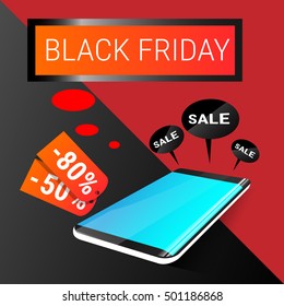 Cell Smart Phone Big Holiday Sale Black Friday Online Shopping Flat Vector Illustration