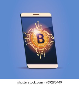 Teléfono Inteligente Celular Con Icono De Bitcoin Ilustración Digital De Dinero Web Cripto Moneda Concepto Ilustración Vector