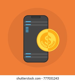 Cell Smart Phone With Coin Contactless Mobile Payment Icon Flat Vector Illustration