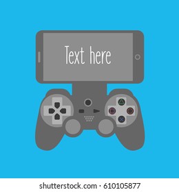 cell smart phone game competition isolated vector illustration. flat design Gaming & simple text. one joystick with buttons for geek gamers. play station remote Connected together with a mobile
