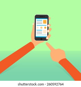 cell smart phone hands point finger tocuh screen icon flat design vector illustration