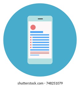 Cell Smart Phone Icon On Round Blue Background Flat Vector Illustration
