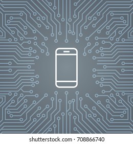 Cell Smart Phone Icon Over Computer Chip Moterboard Background Banner Vector Illustration