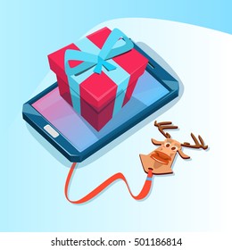Cell Smart Phone With Present Box Big Holiday Sale Online Shopping Flat Vector Illustration