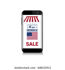 Cell Smart Phone With Shopping Discount Sale Banner United States Independence Day Holiday 4 July Flat Vector Illustration