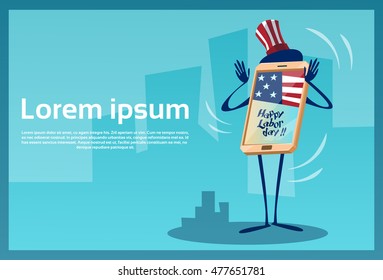 Cell Smart Phone Silhouette City Background American Labor Day USA Holiday Flat Vector Illustration