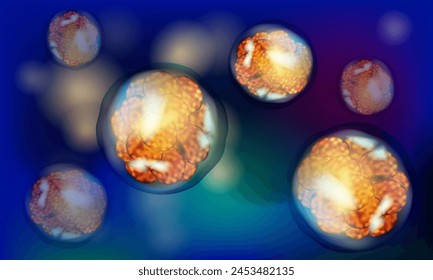 Cell stem science banner isolated on blue background. Vector medical microscopic molecular conception.  Immunotherapy