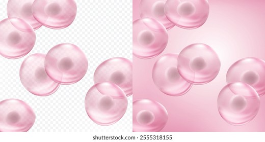 Cell stem science banner pink background. Vector medical microscopic molecular conception. Biology 3d research dna nucleus particles pattern	