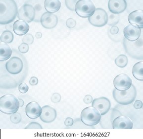 Cell stem science transparent background with space for text. Vector medical microscopic molecular concept banner. Biology 3d research dna nucleus cells patern.
