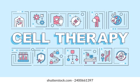 Cell therapy text with various thin line icons concept on blue monochromatic background, editable 2D vector illustration.