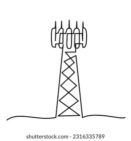 Cell Tower 5G base transceiver station. Continuous one line drawing design. 5G technology concept. Graphic vector illustration.