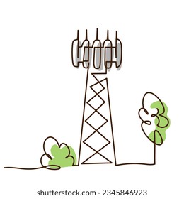 Cell Tower 5G base transceiver station. Continuous one line drawing design. 5G technology concept. Graphic vector illustration. Colored single line art.