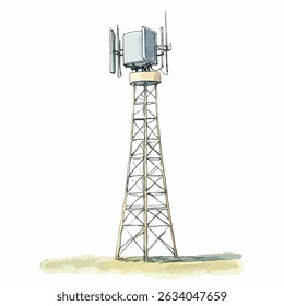 Uma torre de célula com antenas na parte superior, renderizada em um estilo aquarela. A torre tem uma estrutura reticulada e fica sobre um pedaço de terra.