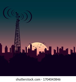 cell tower with the dawn in the city. Communication Vector