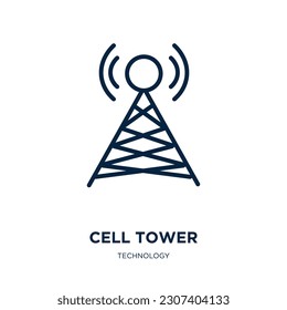 Zeltturmsymbol aus der Techniksammlung. Dünner linearer Zellturm, global, Internet-Umriss einzeln auf weißem Hintergrund. Zeilenzellenschild, Symbol für Web und Mobilfunk
