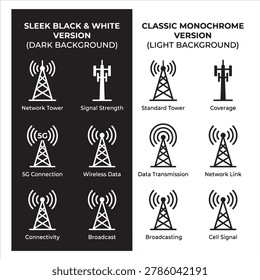 Cell tower icons set with signal strength and network connection symbols
