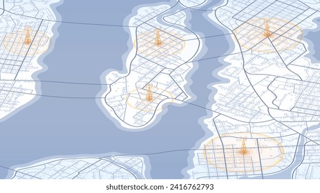 Cell towers signal on cityscape. Networks to distribute fast signals on area. Technology of transmitting signals that go to the world to communicate with each other. Vector illustration.