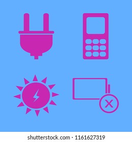 cell vector icons set. with mobile phone, plug, solar energy and empty battery in set
