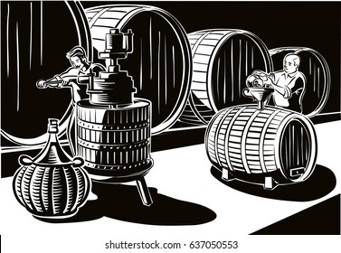 Cellar with big barrels of wine, and men at work.