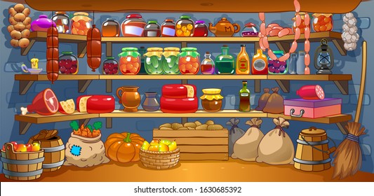 Cellar with Canned Food. Classic Concept of Cellar with Canned Food, Wine and Vegetables. Design Interior. Homemade canned vegetables in jars stand on shelves in the cellar. Vector illustration